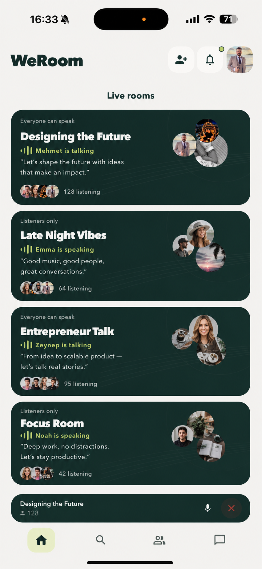 WeRoom live conversation rooms screen