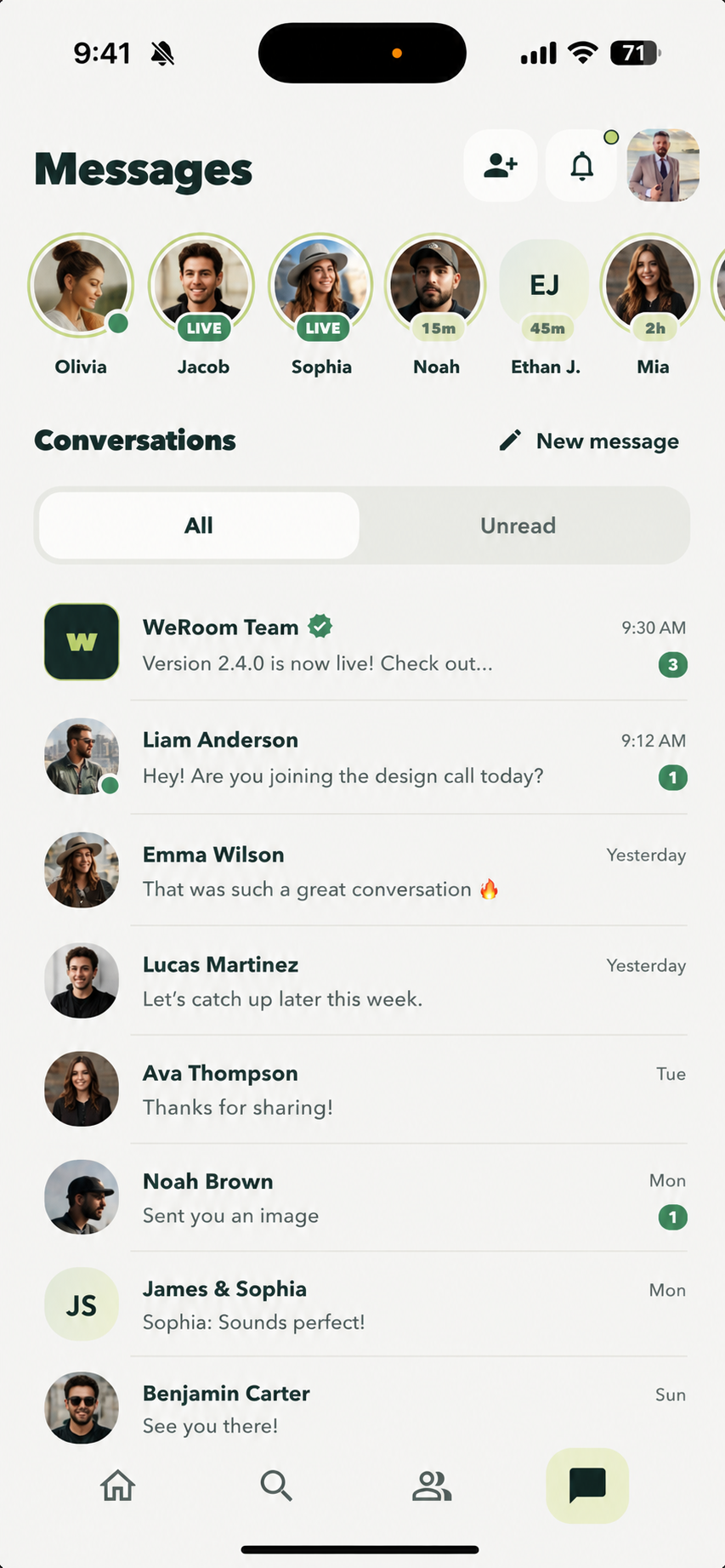 WeRoom messages screen